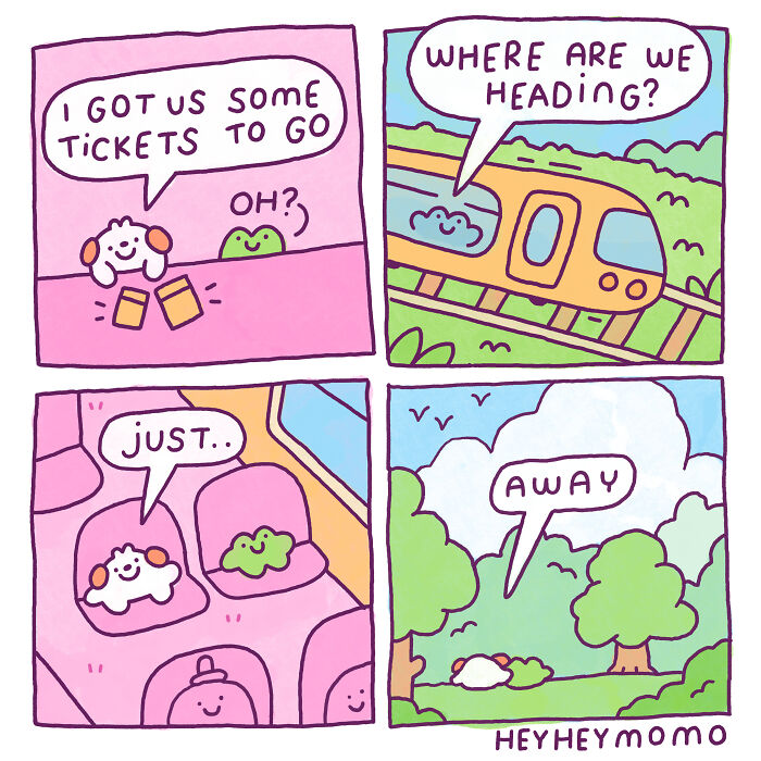 Wholesome comic panels showing cute characters planning a train trip and enjoying a peaceful nature scene on the journey.