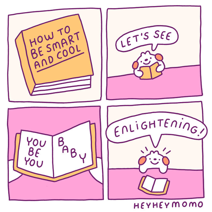 Wholesome comic strip with a character reading a book on being smart and cool, discovering a positive message inside.