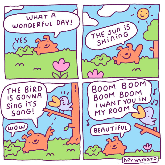 Wholesome comic panels with a happy dog, frog, and singing bird celebrating the sunny day and friendship outdoors.