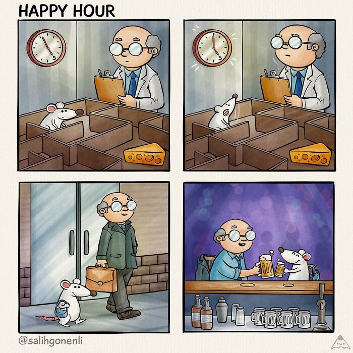 Wholesome comic of a mouse and man escaping a maze to share a happy hour, showcasing sweet moments and charming friendship.
