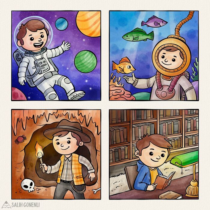 Wholesome comics showing a boy exploring space, underwater, a cave, and reading in a library with vibrant colors.