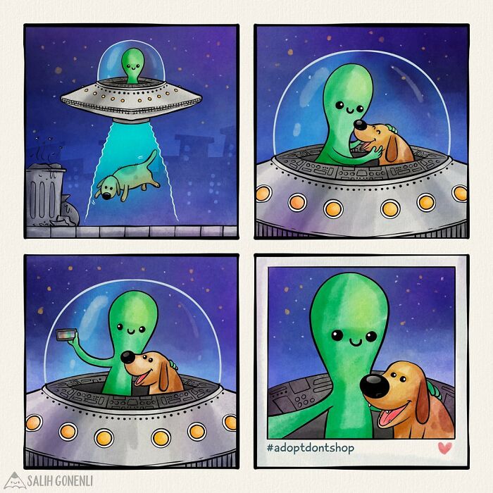 Cute wholesome comic featuring an alien adopting a dog with the hashtag adopt don’t shop in space setting.