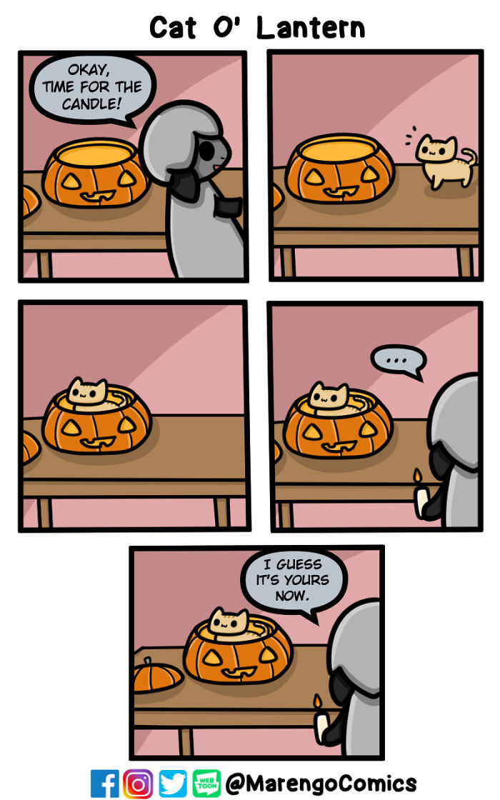 Wholesome comic showing a cat inside a pumpkin lantern with a character deciding not to light the candle.