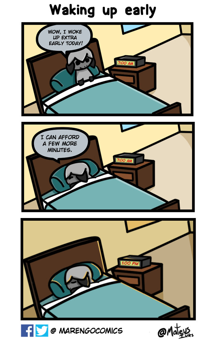 Cute comic strip showing a dog waking up early but going back to sleep until afternoon in wholesome comics style