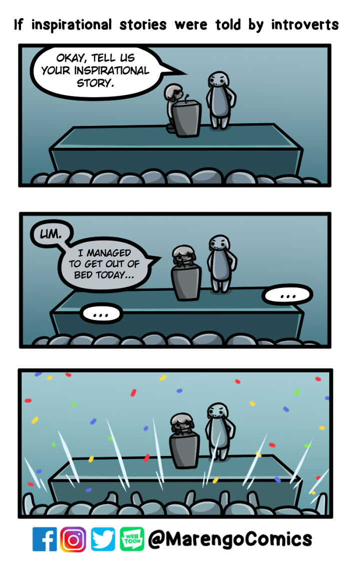 Introverted character nervously shares a small inspirational story on stage in a wholesome comic with audience applause.