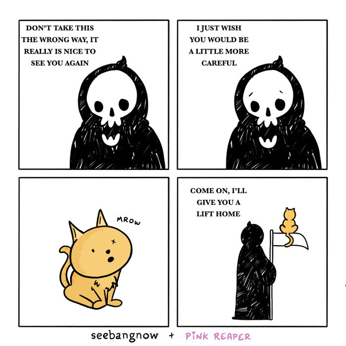 Wholesome comic shows a friendly Reaper comforting a cat and offering a ride home in a sweet, simple style.