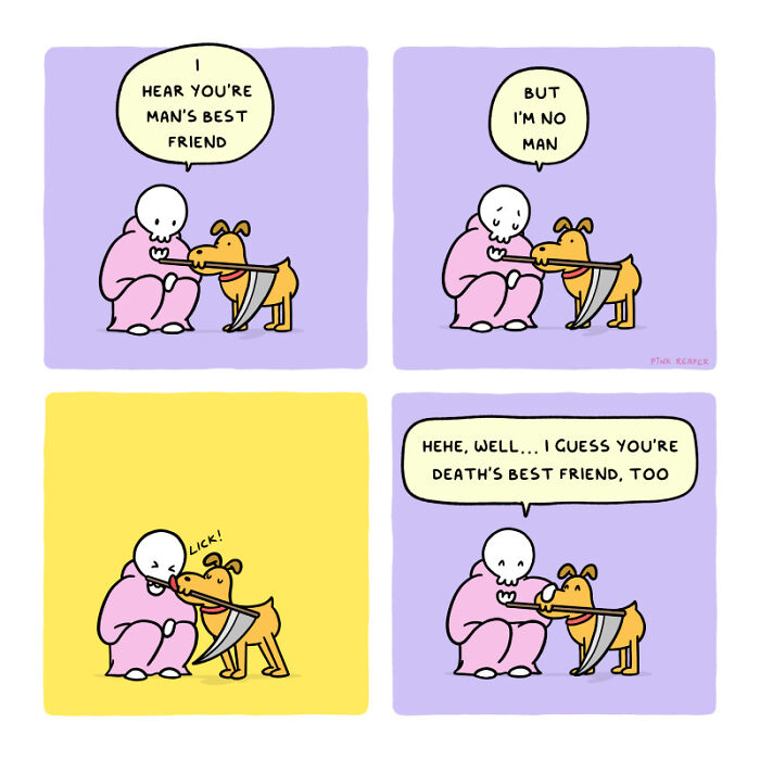 Wholesome comic of a figure and dog sharing a tender moment, highlighting themes of friendship in a simple colorful style.