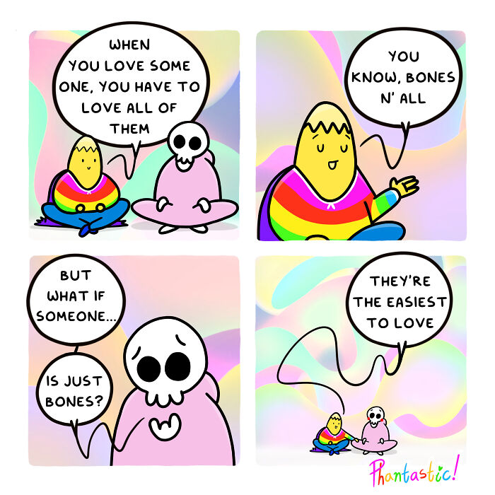 Wholesome comic featuring colorful characters discussing love and acceptance with a pastel rainbow background.