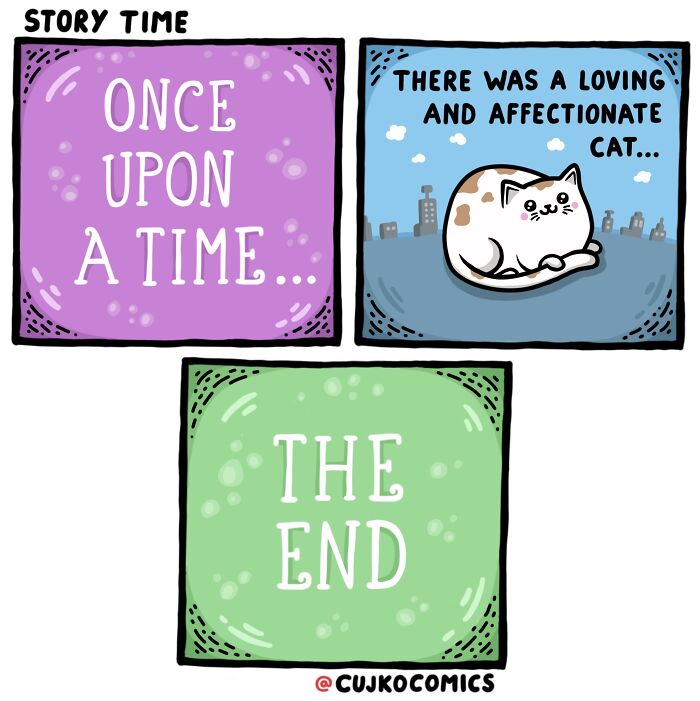 Wholesome comic panels featuring a loving cat story with simple, sweet illustrations in a colorful layout.