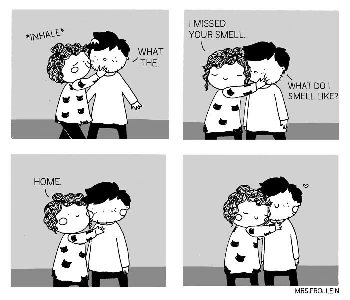 Black and white wholesome comic showing a sweet moment of two characters sharing a comforting embrace and smell.