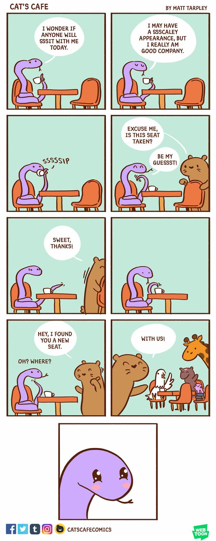 Wholesome comic showing a snake and bear sharing a friendly moment at a cafe in a heartwarming scene.