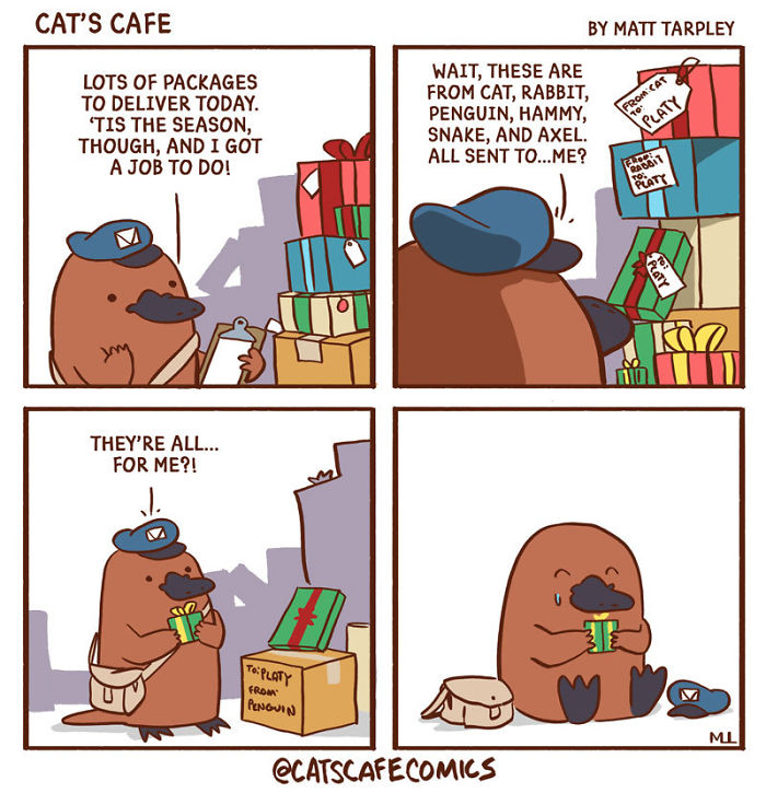 Wholesome comic of a platypus postal worker happily receiving multiple gifts from animal friends in a heartwarming scene.