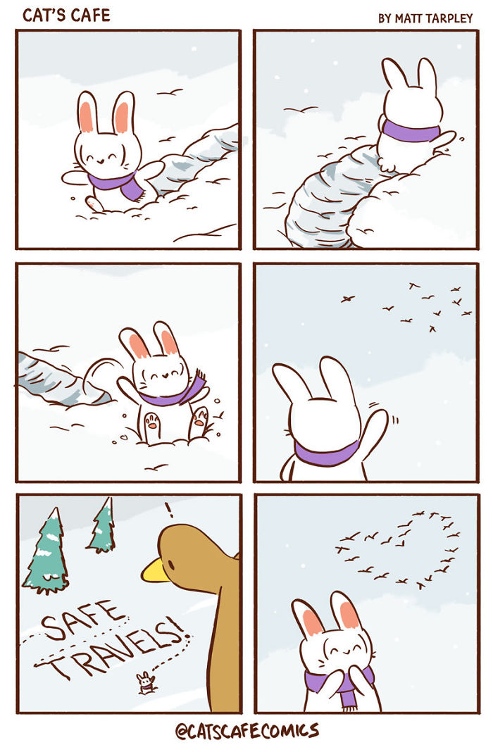 Wholesome comic strips showing a bunny enjoying snow and sending safe travels wishes with birds flying in a heart shape.