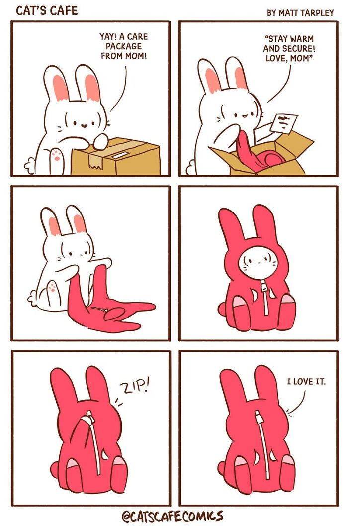 Wholesome comic of a bunny receiving a care package, wearing a cozy bunny suit, expressing love and warmth.