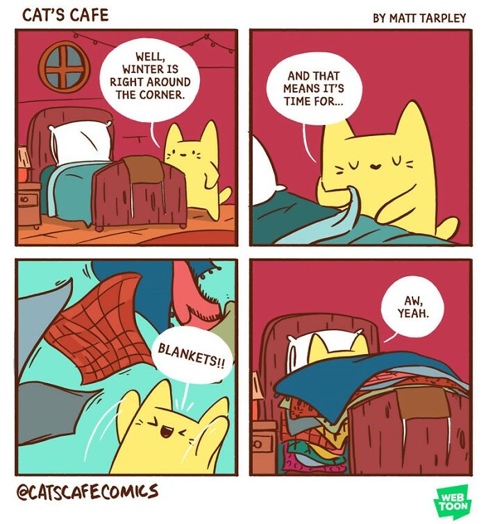 Wholesome comic featuring a cat happily preparing for winter by getting cozy with blankets in a warm bedroom setting.