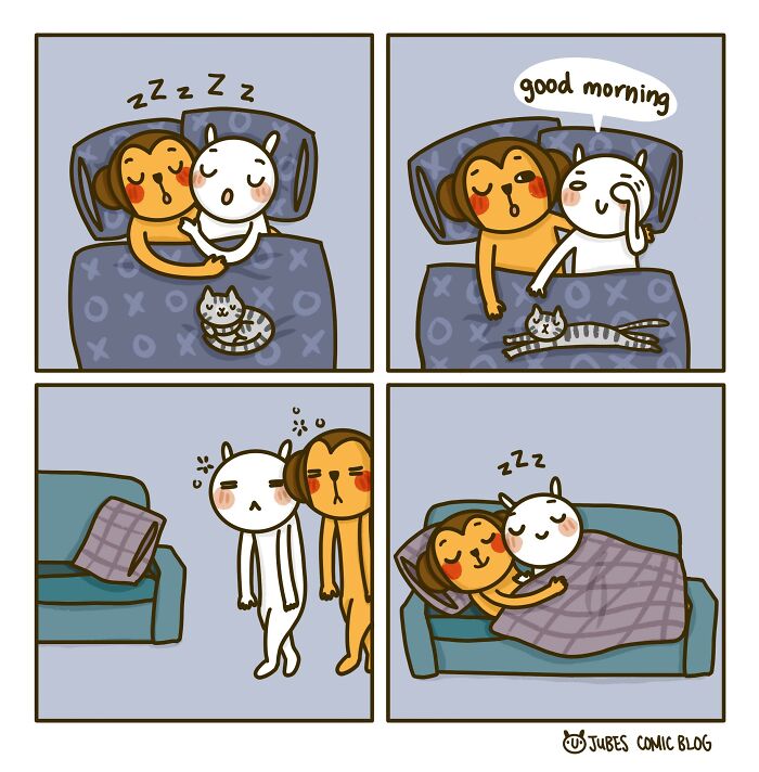 Wholesome comic panels show a couple cuddling and sharing a sweet morning with a relaxed cat nearby.