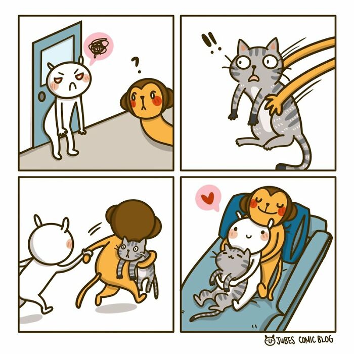 Wholesome comics showing a progression from anger to affection between cartoon characters and their pets in four panels.