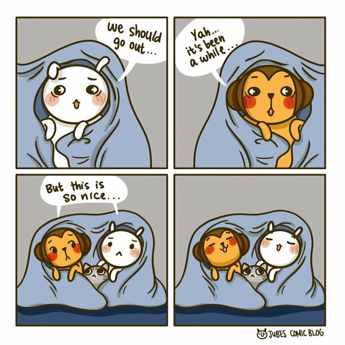 Wholesome comic panels showing cute animals enjoying time together wrapped in a cozy blanket.