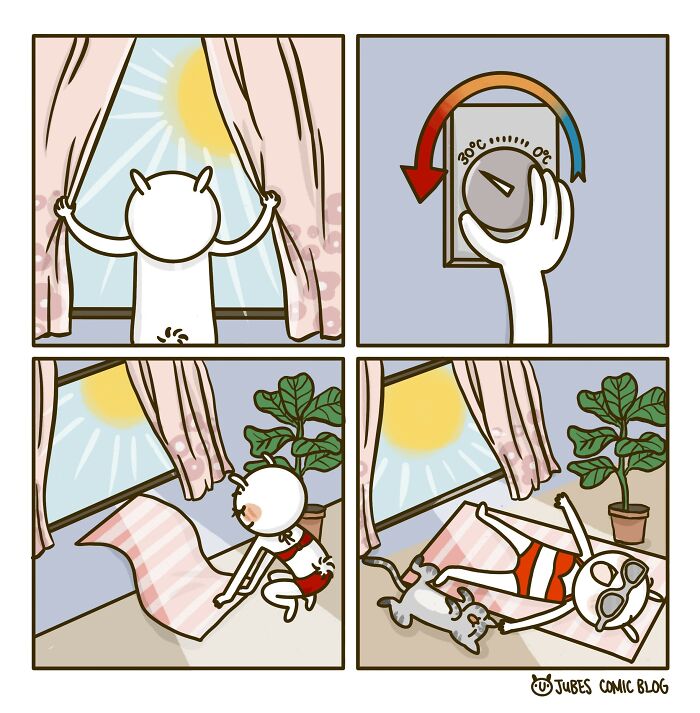 Wholesome comic strips showing a character enjoying a sunny day inside, adjusting temperature, and relaxing with a cat.