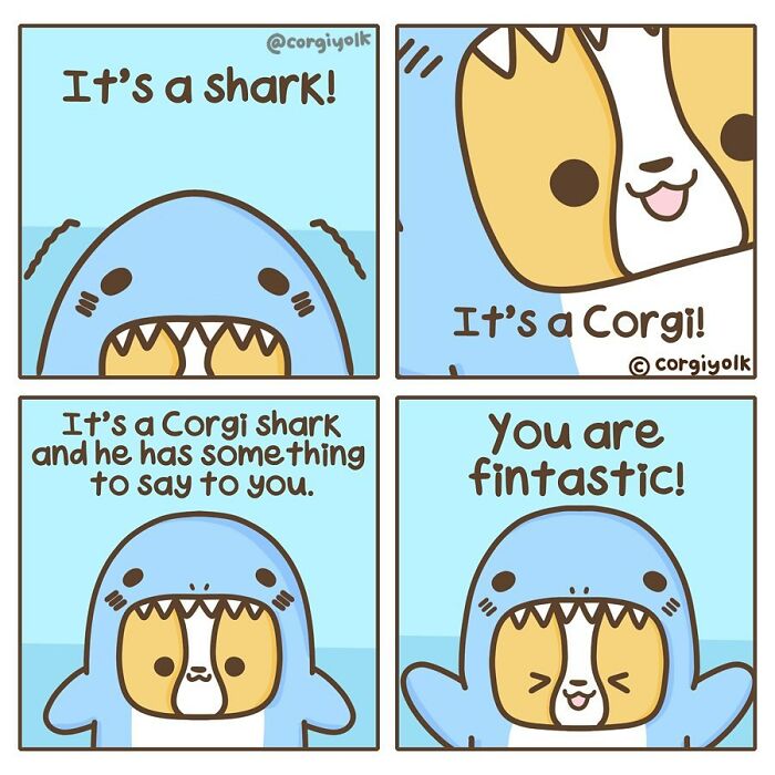 Wholesome comic featuring a cute corgi shark delivering a positive and sweet message in a playful cartoon style.