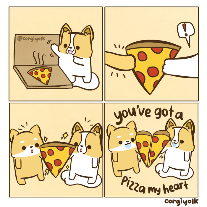 Two wholesome comic dogs sharing a slice of pizza with the message you’ve got a pizza my heart in a cute cartoon style.