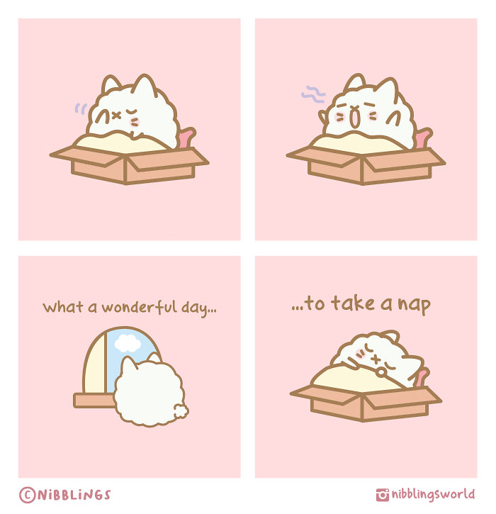Wholesome comic strips showing a cute cat enjoying a cozy nap in a box on a sunny day with soft pastel colors.