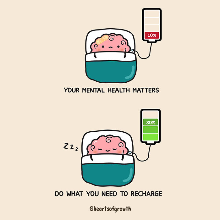 Cute wholesome comic showing a brain recharging with sleep to emphasize mental health and self-care importance.
