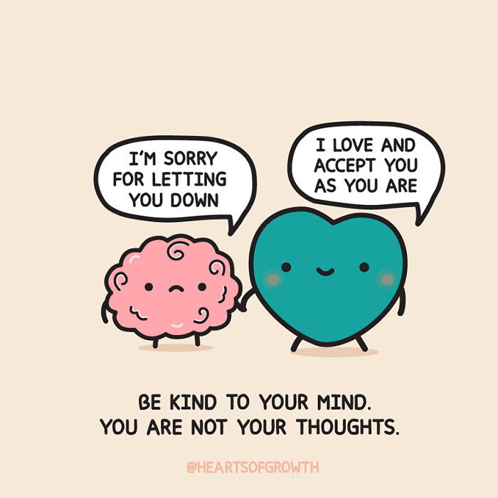 Wholesome comic with a heart and brain character promoting kindness and self-acceptance for mental health awareness.