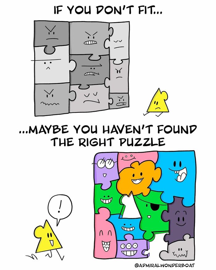 Wholesome comic showing a yellow puzzle piece finding its fit in a colorful happy puzzle with friendly faces.