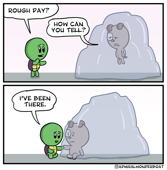 Wholesome comics showing a turtle comforting a sad bear stuck inside a large ice block with kind words.