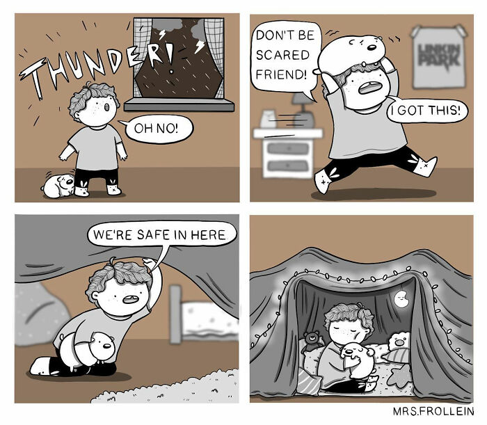 Wholesome comics show a child comforting a scared dog during a thunderstorm by making a cozy hideout.