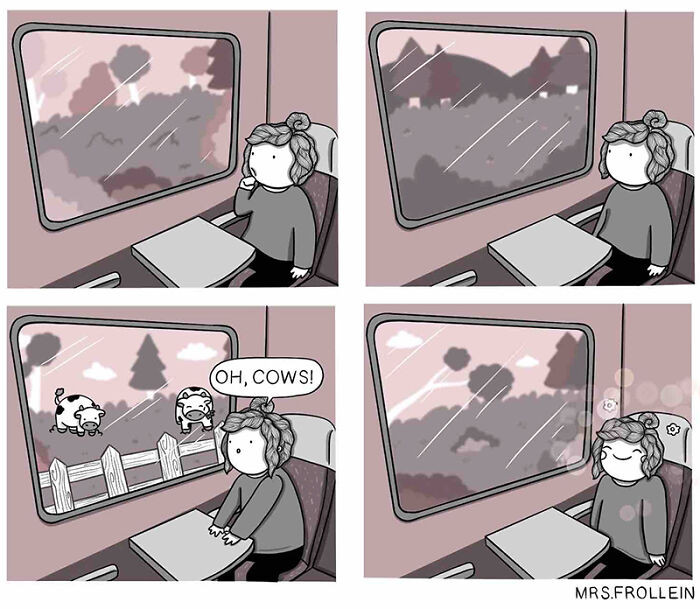 Wholesome comic strip showing a person on a train excitedly spotting cows outside the window in a sweet moment.