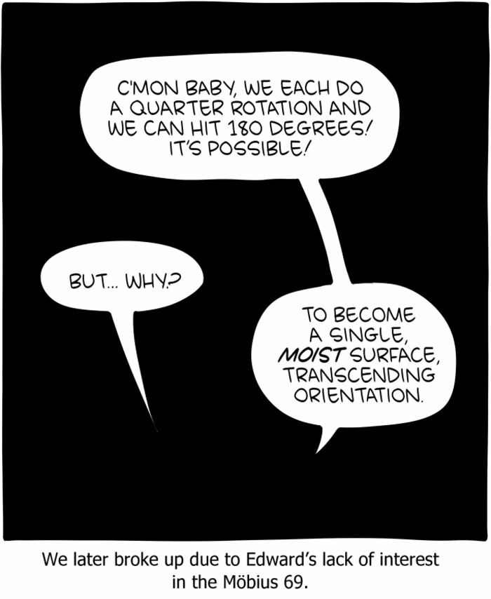 One-panel Saturday Morning Breakfast Cereal comic blending science, humor, and philosophy about a Möbius strip concept.