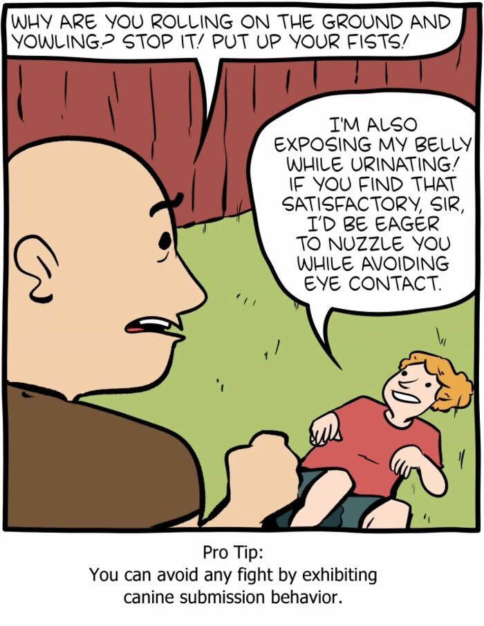One-panel Saturday Morning Breakfast Cereal comic illustrating science and humor on canine submission behavior.