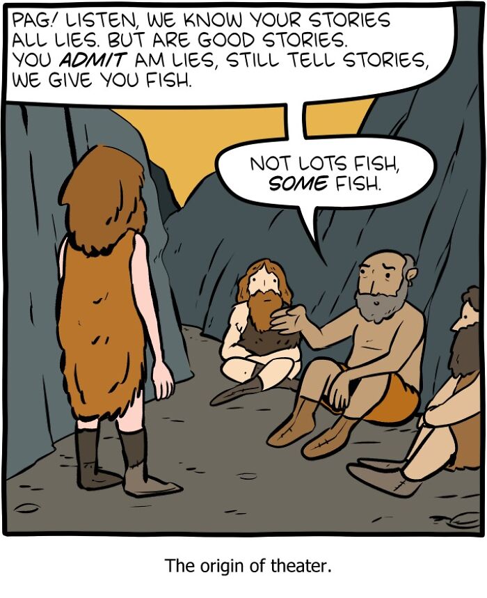 Cave people comic from Saturday Morning Breakfast Cereal mixing science, humor, and philosophy about storytelling and fish.