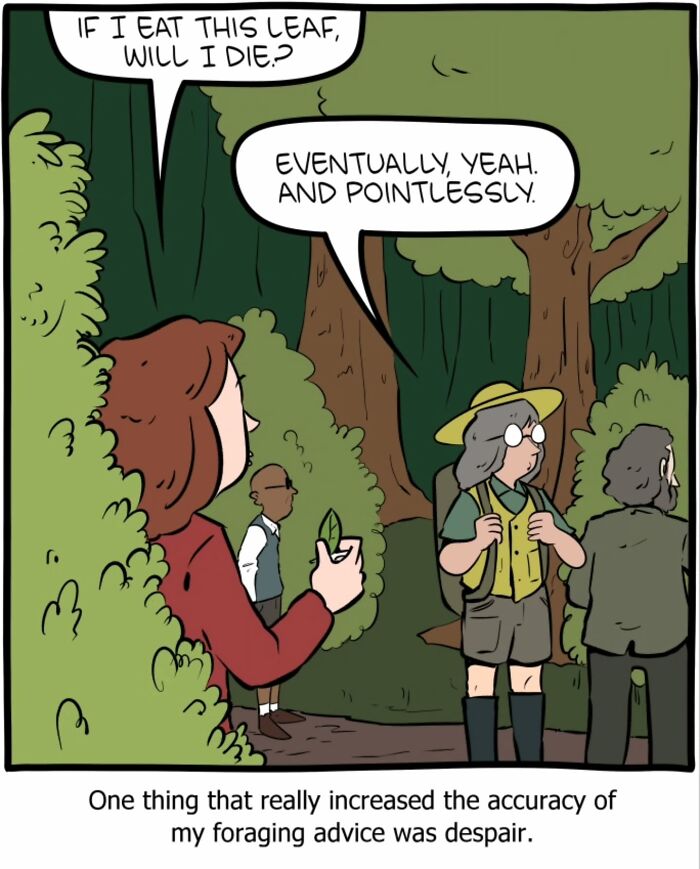 Person holding a leaf asking if they will die, with a guide answering in a clever science humor and philosophy comic panel.