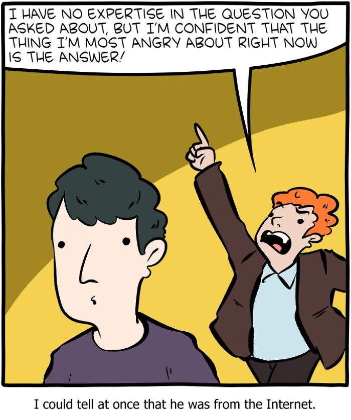 Two characters in a comic panel discussing anger and answers, showcasing science humor and philosophy in a clever Saturday Morning Breakfast Cereal style.