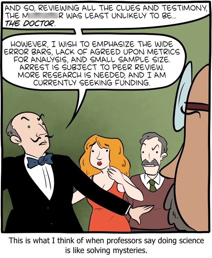 Comic panel featuring characters humorously mixing science and philosophy, illustrating a clever Saturday Morning Breakfast Cereal style.