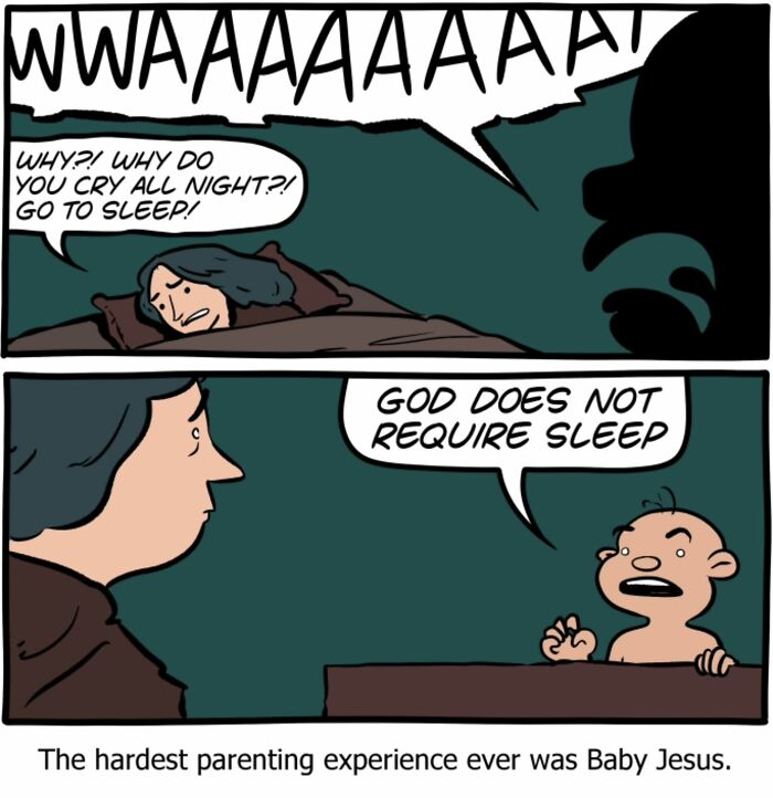 One-panel Saturday Morning Breakfast Cereal comic showing a baby Jesus refusing sleep in a humorous science and philosophy mix.