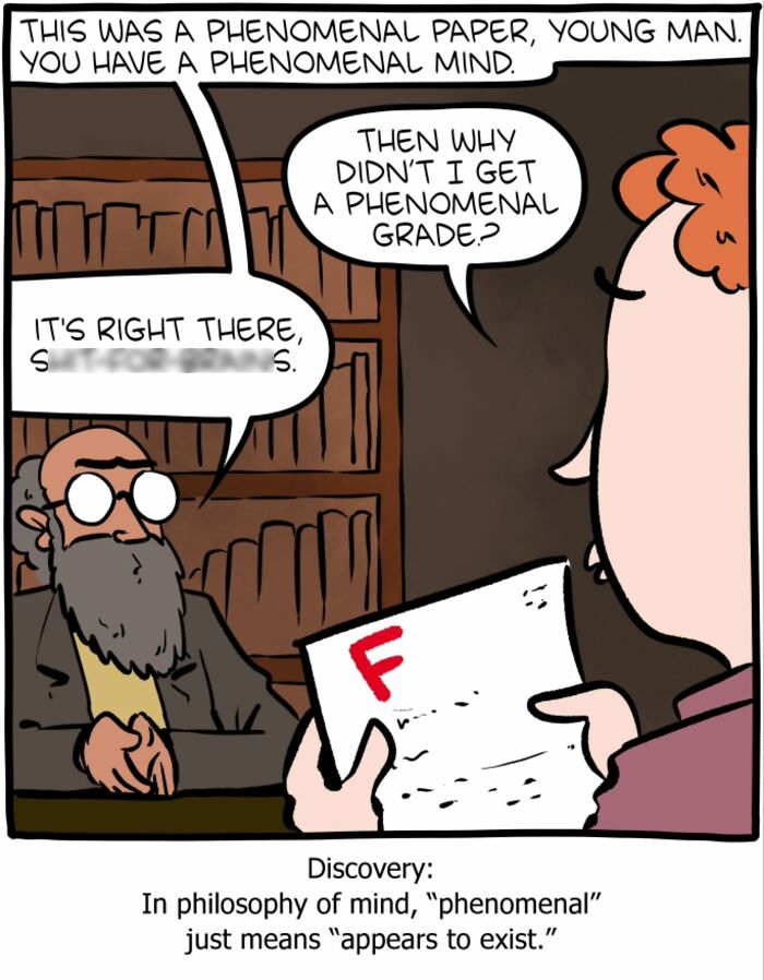 Comic showing a humorous philosophy scene from Saturday Morning Breakfast Cereal mixing science, humor, and philosophy in one panel.