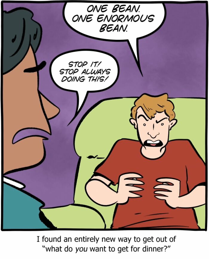 One-panel Saturday Morning Breakfast Cereal comic showing two characters humorously debating over a single enormous bean.