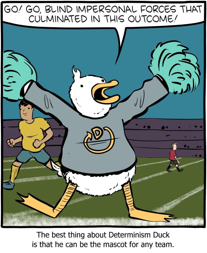 Comic panel featuring Determinism Duck mascot cheering at a sports event, blending science, humor, and philosophy.