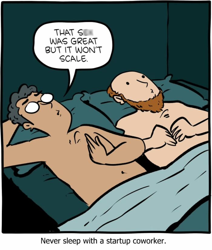 Two men in bed with one saying the line that won’t scale in a clever science and humor comic panel.