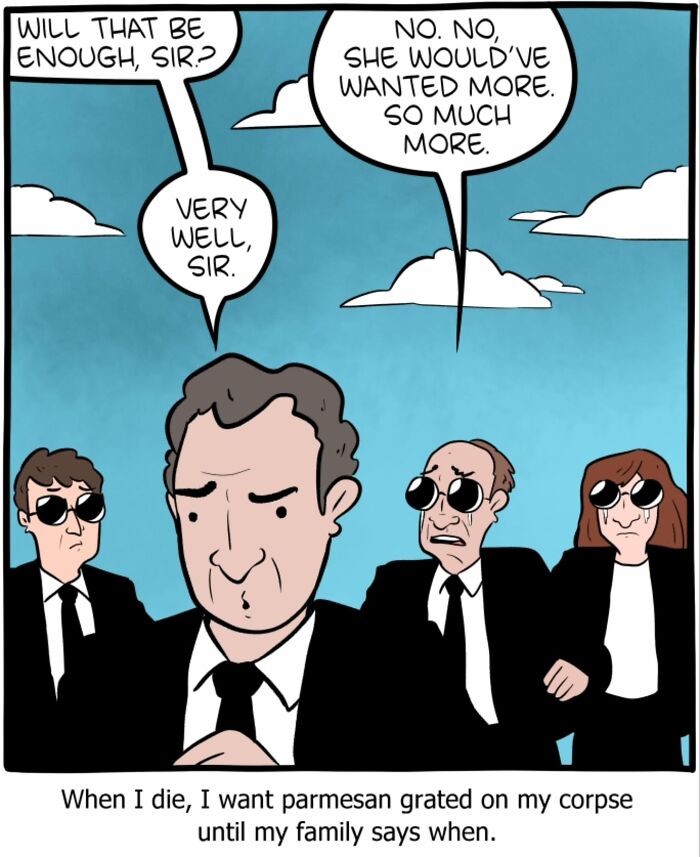 One-panel Saturday Morning Breakfast Cereal comic showing a dark humor scene about family and death with science and philosophy.