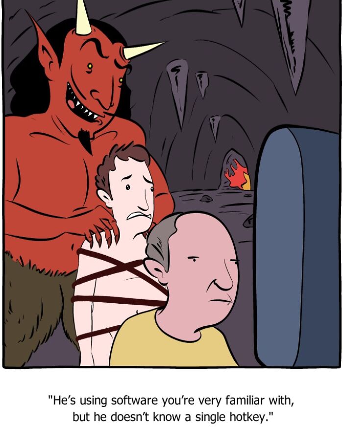 Comic panel depicting a devil tying a man while another man watches a screen, blending humor and science philosophy themes.