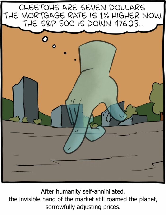 One-panel Saturday Morning Breakfast Cereal comic shows the invisible hand of the market adjusting prices after humanity vanished.