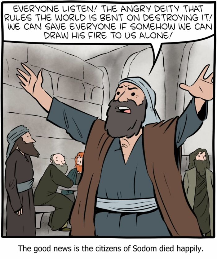 Comic panel from Saturday Morning Breakfast Cereal showing a bearded man preaching about an angry deity in a stone room.