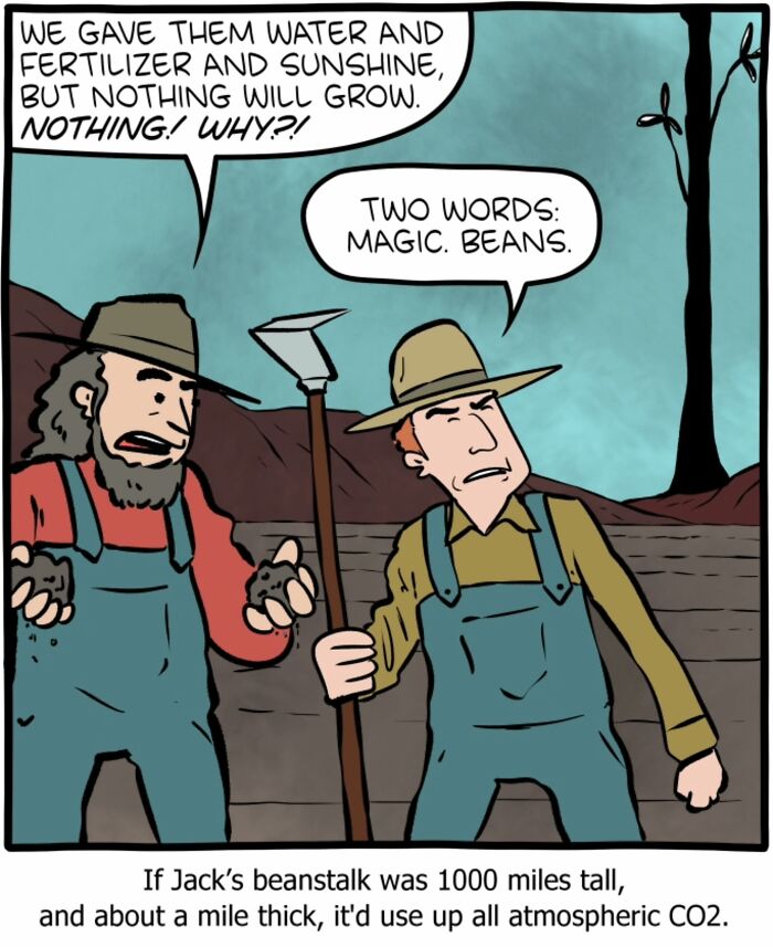 Two farmers in a comic discuss magic beans while mixing science and humor in a clever one-panel comic style.