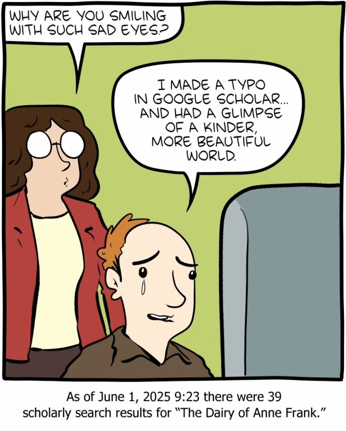 A one-panel Saturday Morning Breakfast Cereal comic blending science, humor, and philosophy with a tearful man at a computer.