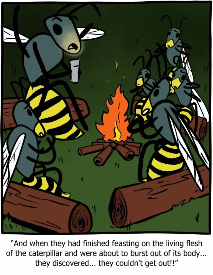 Cartoon of bees around a campfire telling a story, combining science, humor, and philosophy in a one-panel comic.
